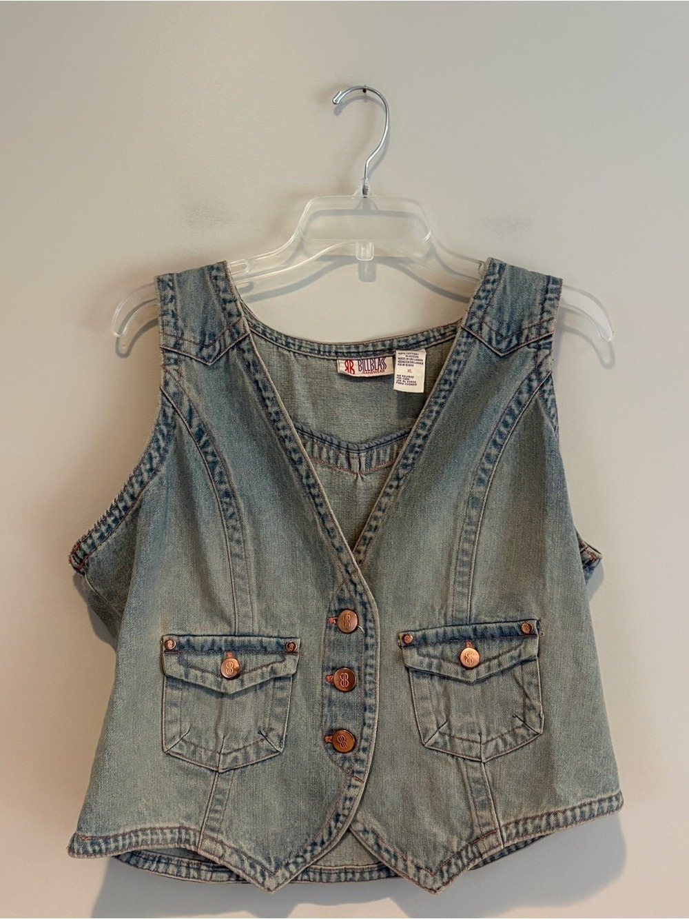 Vintage Bill Bass Jeans Wear Light Wash Denim Vest with Copper Buttons Size XL